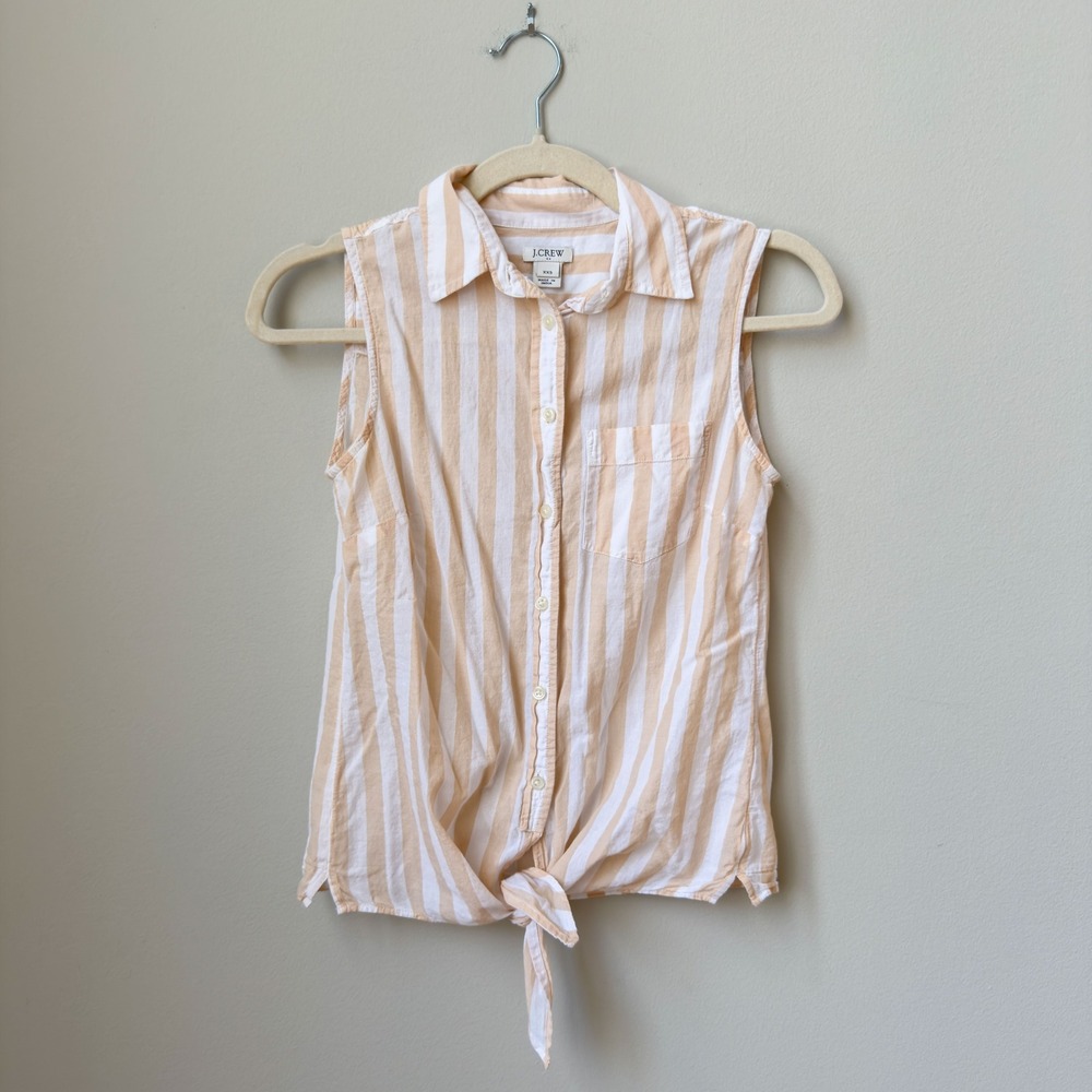 Women's J. Crew Preppy Cream Striped Tie Front Cotton Tank Blouse Size XXS